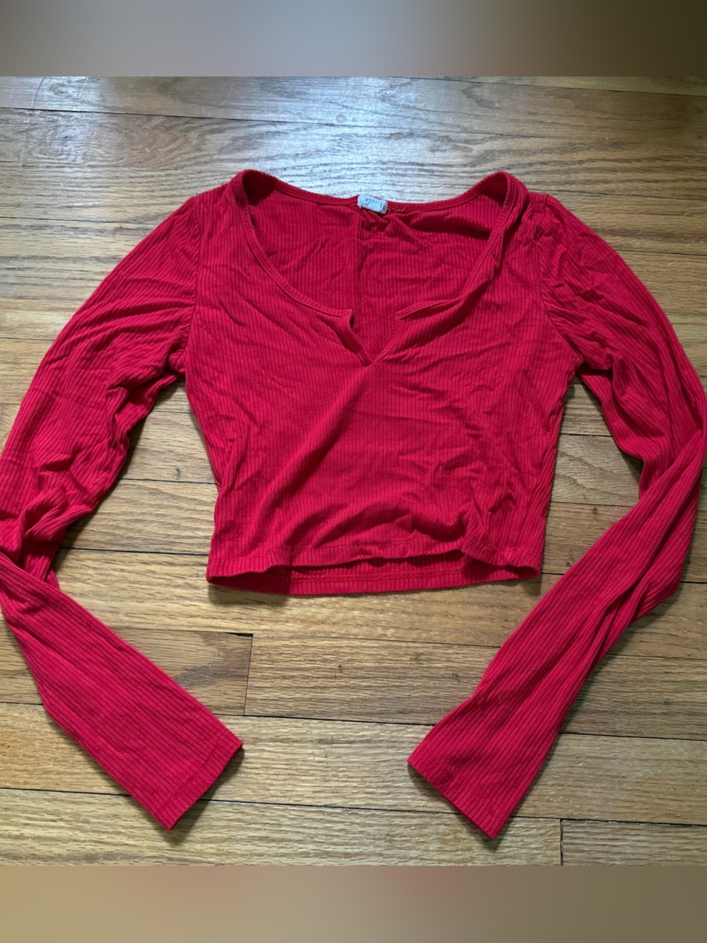 Garage Red Ribbed V-Neck Long Sleeve Crop Top